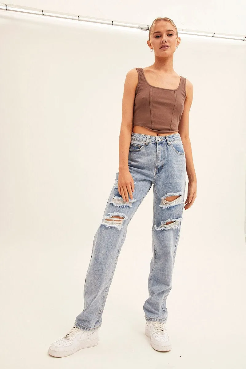 Blue Denim Jeans High Rise Boyfriend