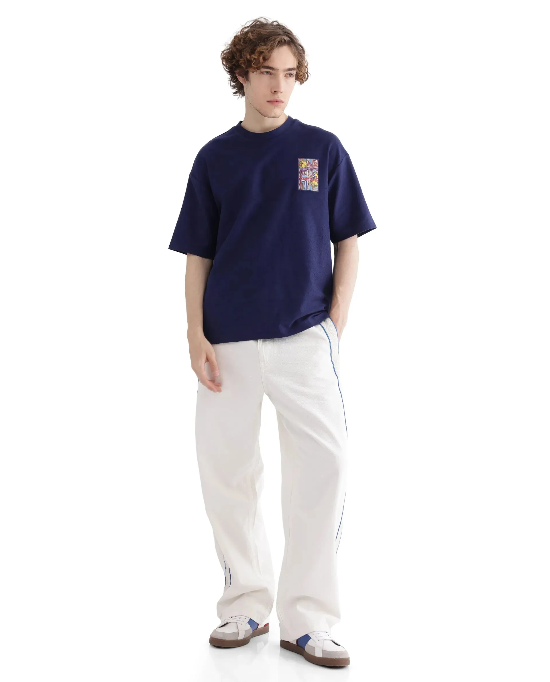 Rare Rabbit Men Oxo Dark Blue Cotton Fabric Short Sleeve Crew Neck Embroidered T-Shirt