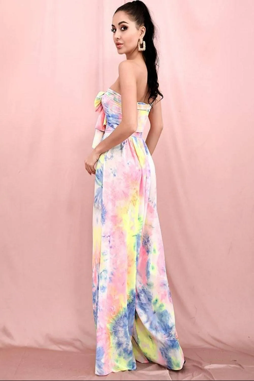 Tie Dye Strapless Tie Front High Waist Wide Leg Jumpsuit Pants Set